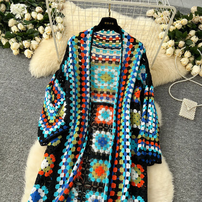 Boho Crocheted Knit Cardigan Midi Length