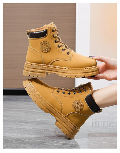 High Top Work Boots, Thick Soled, Lace-Up, Anti-Slip Warm Waterproof Women's Boots in Black and Marigold