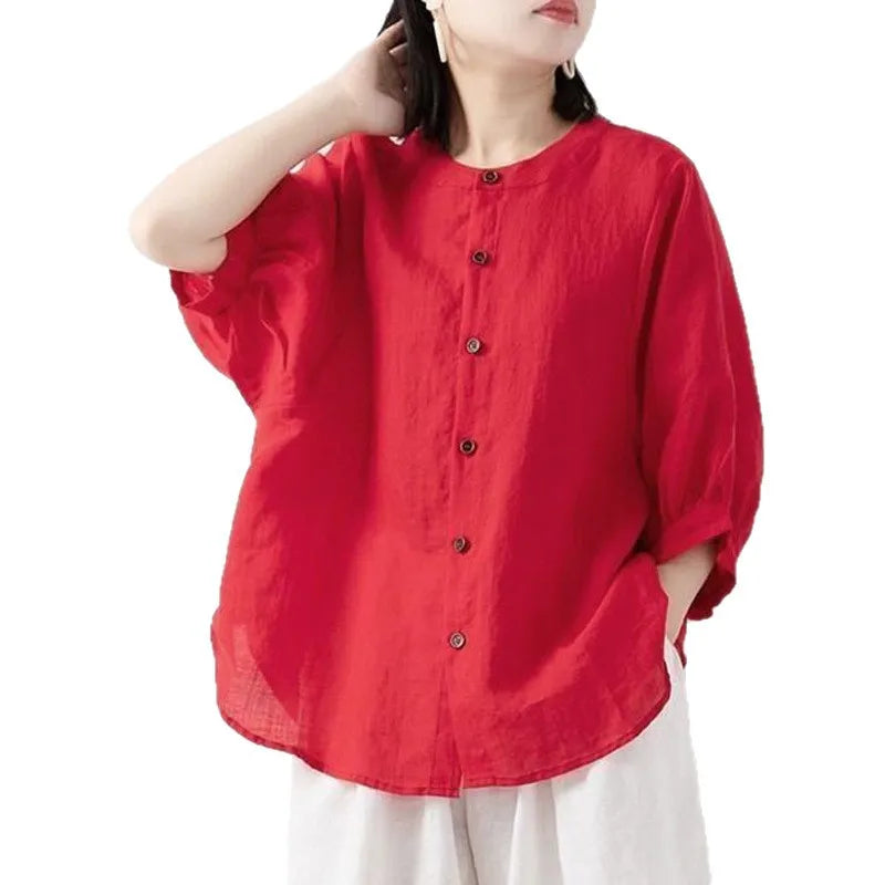 Sizes to 4XL, Cotton-linen blend shirt solid colors with lantern sleeves stand collar loose large size shirt. Variety of colors