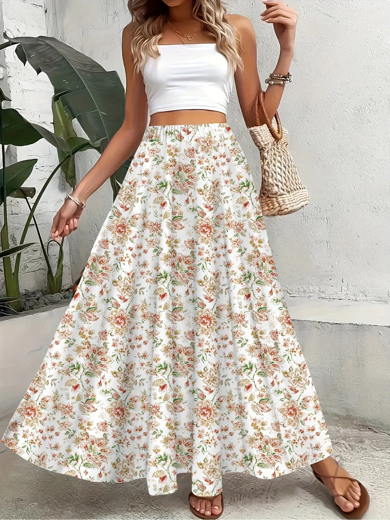 Boho Floral Print All-Season Maxi Skirt, Elastic Waist Flowy