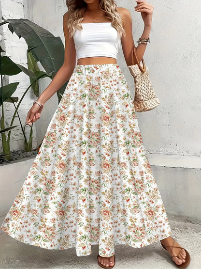 Boho Floral Print All-Season Maxi Skirt, Elastic Waist Flowy