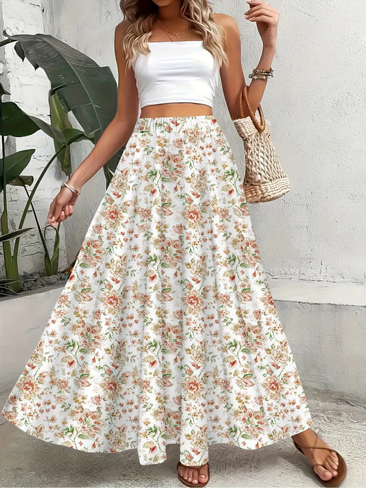 Boho Floral Print All-Season Maxi Skirt, Elastic Waist Flowy