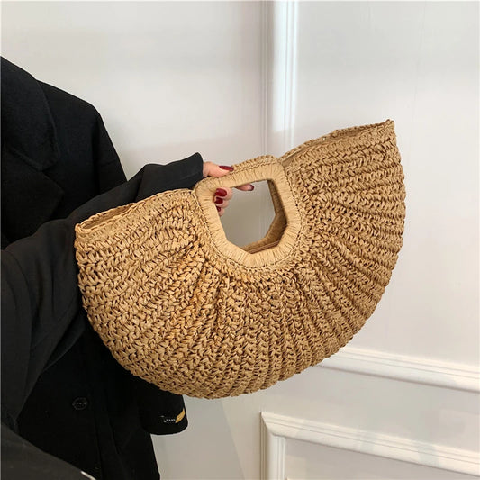 Straw Half-moon Rattan Handbag Handmade Handle Kintted Tote Bag