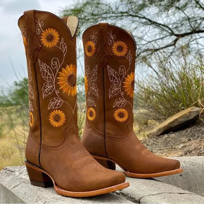 Embroidered Light, Medium, and Dark Brown Faux Leather Boots Deep High Female Casual Boots