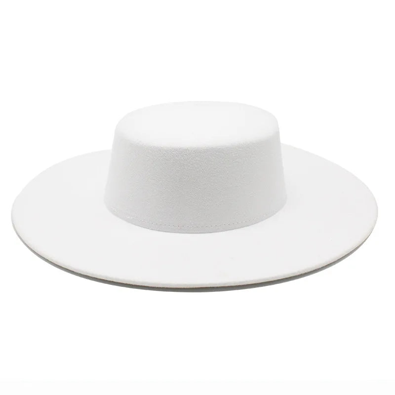 French Wide Brim Women's Fedora Wool Hat  Flat Top Felt in Marigold, White, and Black.