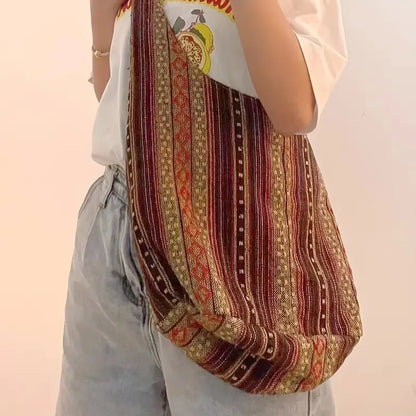Bohemian Canvas Shoulder Crossbody Bag, Large Capacity, Ethnic Style Tote Bag