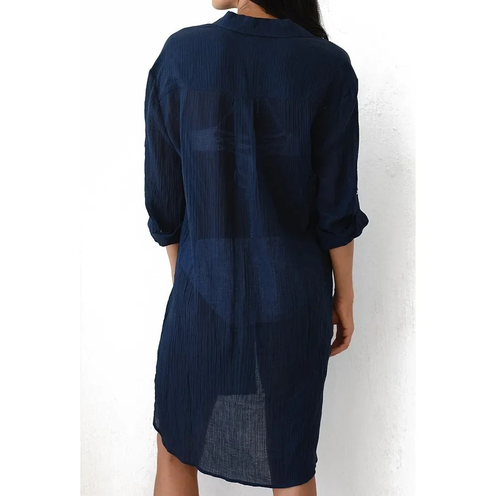 Cotton Tunic for Beach Swimsuit Cover-up or a Long, Thin Blouse in Dark Blue, White, Teal, or Black
