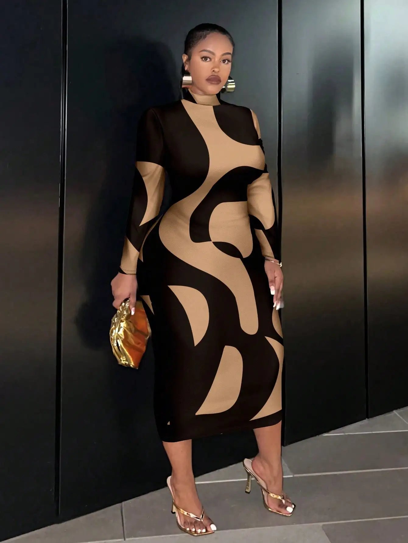 Plus Size to 4XL Tan and Black Dress fitted with Long Sleeves