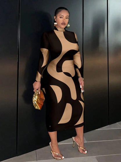 Plus Size to 4XL Tan and Black Dress fitted with Long Sleeves