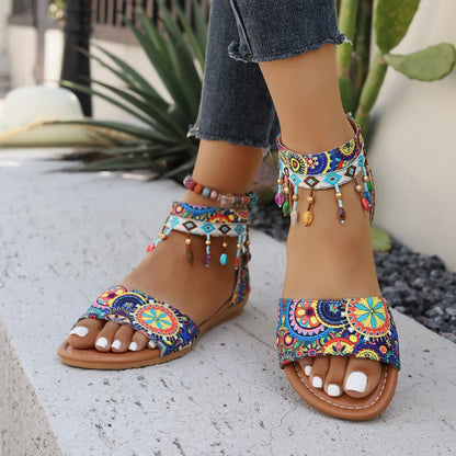 Beaded Romanesque Flat Bottom Women's Sandals Back Zipper Bohemian Flats