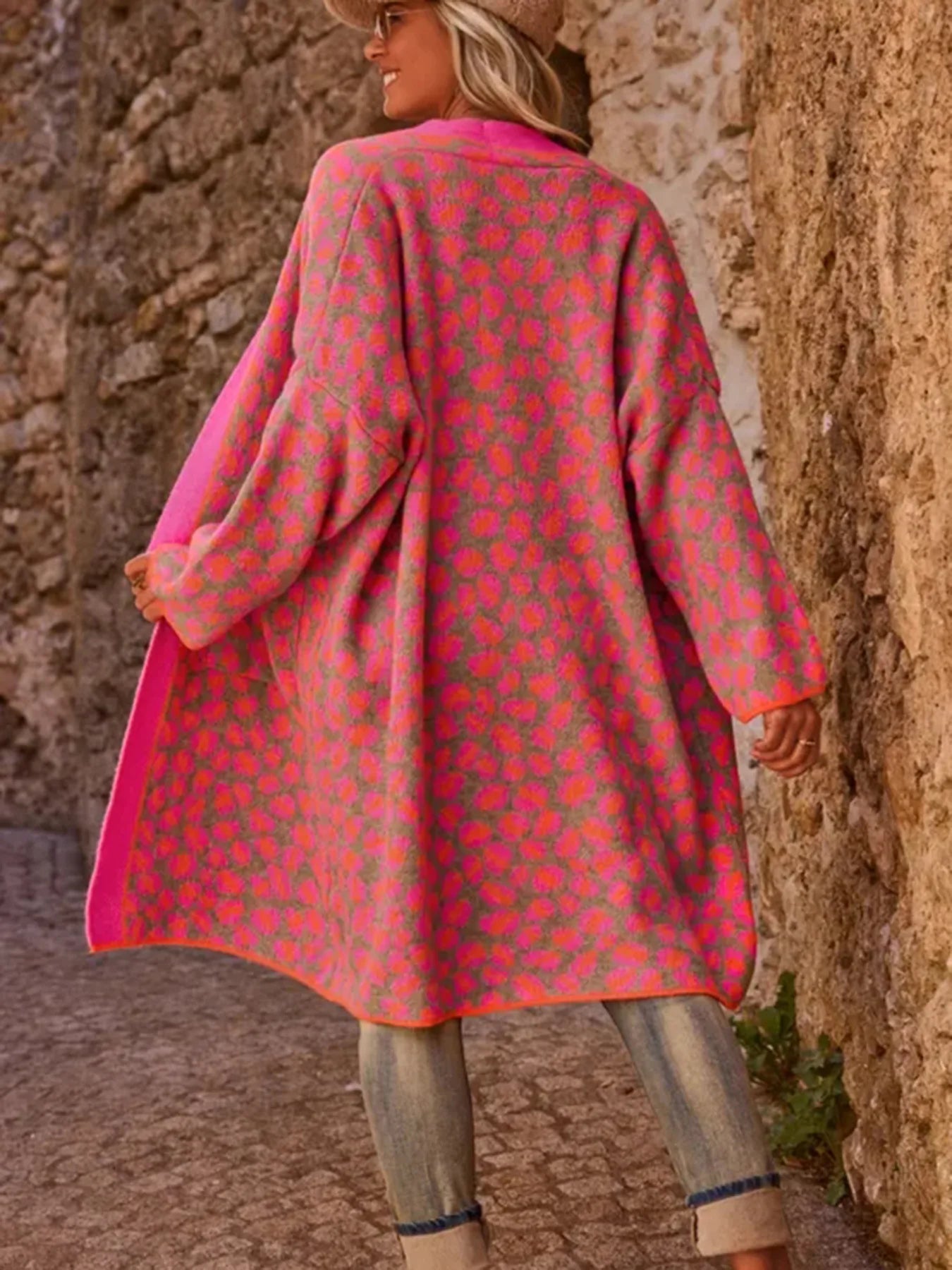 Long Knitted Print Cardigan with Long Sleeves and Pockets