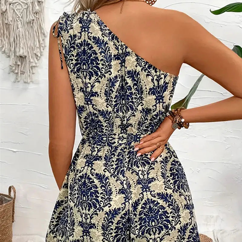 Casual Bohemian Short Jumpsuit with One Open Shoulder and a Tie Belt