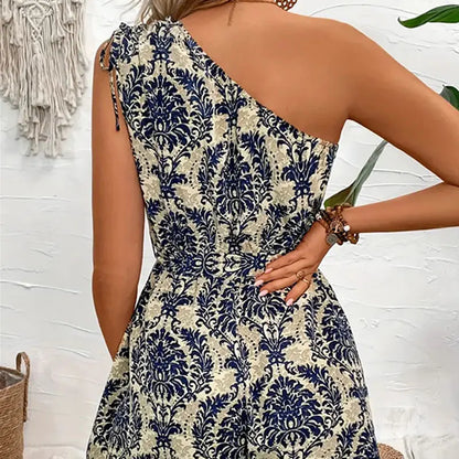 Casual Bohemian Short Jumpsuit with One Open Shoulder and a Tie Belt