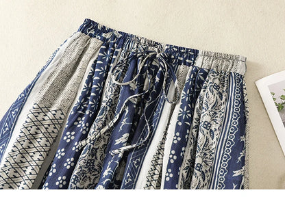 Retro Ethnic Print Flax A-Line Midi Skirt High Waist Drawstring Sizes to 2XL