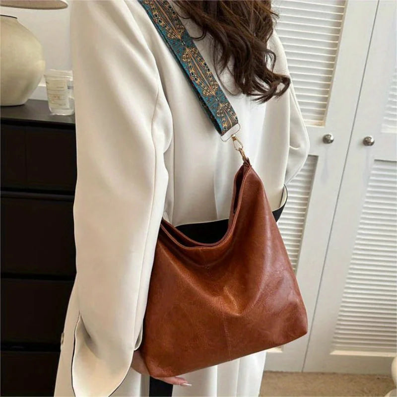 Boho Chic Faux Leather Shoulder Bag Large Capacity Crossbody Tote with Vintage Wide Adjustable Strap