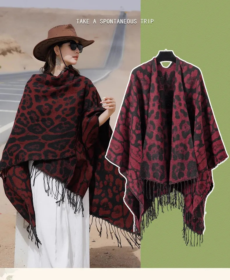 Vintage Boho Leopard Print Soft Over-the-Head Cloaks With Tassels
