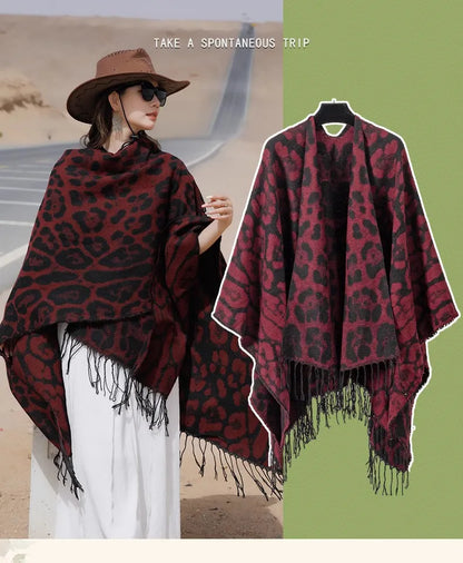 Vintage Boho Leopard Print Soft Over-the-Head Cloaks With Tassels