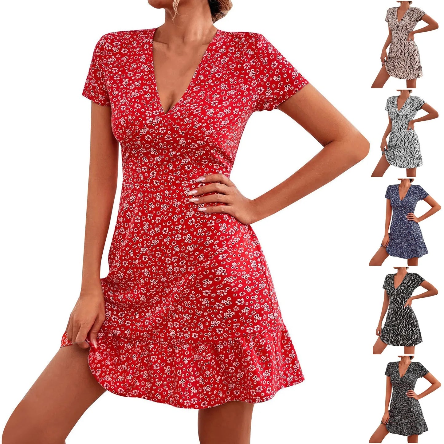 Floral Bohemian A-Line Dress with Ruffled Hem, V-Neck, Short Sleeves, and a Ruffle Hem