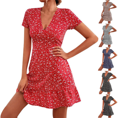 Floral Bohemian A-Line Dress with Ruffled Hem, V-Neck, Short Sleeves, and a Ruffle Hem
