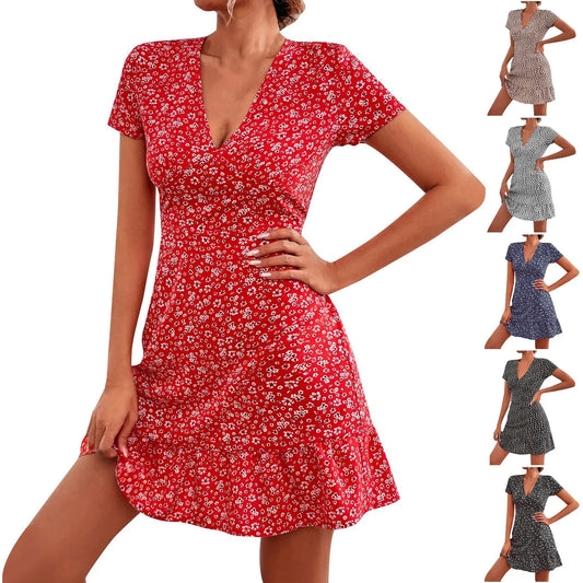 Floral Bohemian A-Line Dress with Ruffled Hem, V-Neck, Short Sleeves, and a Ruffle Hem