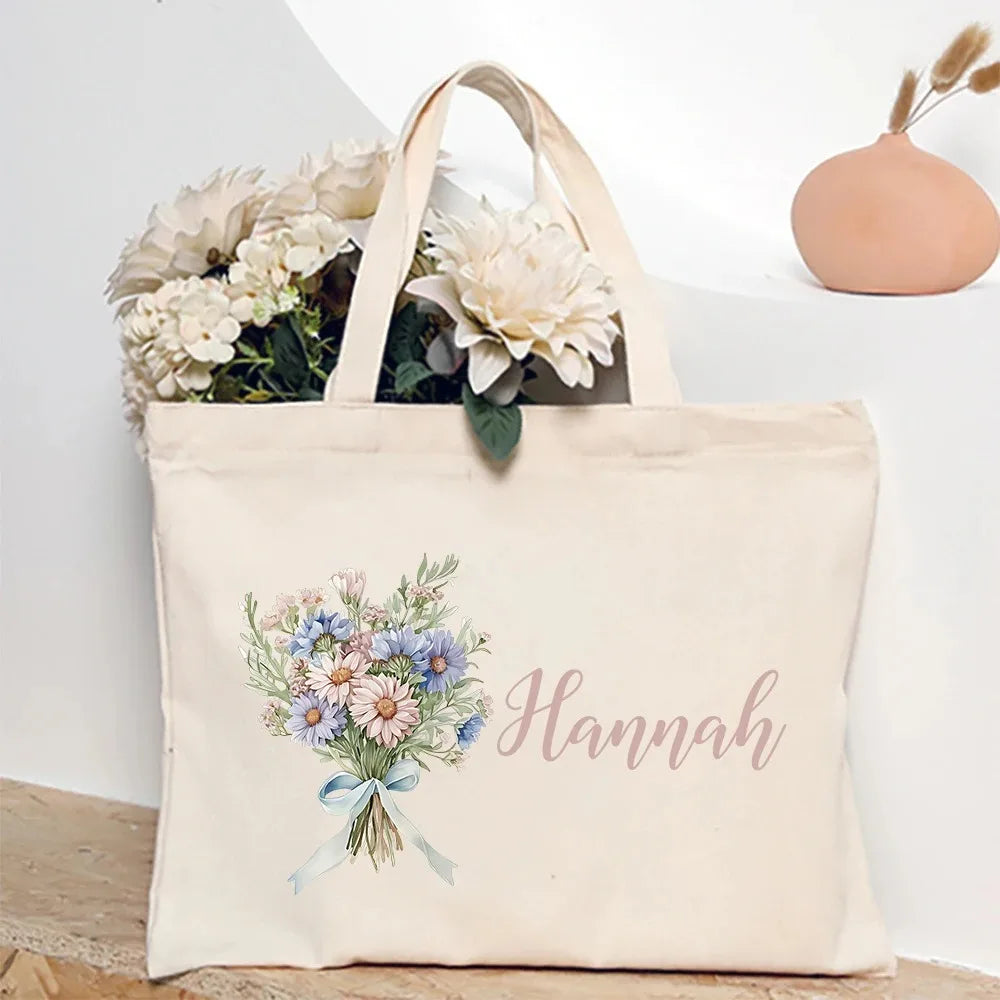 Personalized Shoulder Bag Birth Month Flower and Name Tote Bag, Monogrammed Canvas Bags