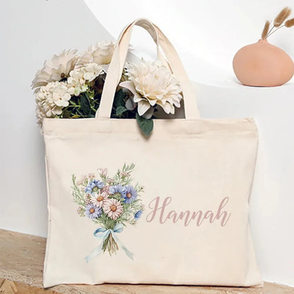 Personalized Shoulder Bag Birth Month Flower and Name Tote Bag, Monogrammed Canvas Bags