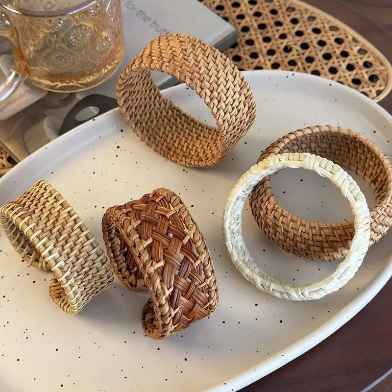 Boho Coffee Wood Bamboo Rattan Knit Wide Bracelets,  Hand-woven Wrapped Vintage Cuff Bracelets