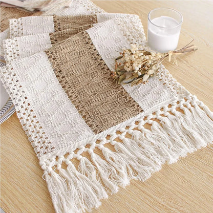 Boho Table Runner Farmhouse Burlap Cotton Table Runner with Woven Macrame Tassels. Various Sizes and Colors