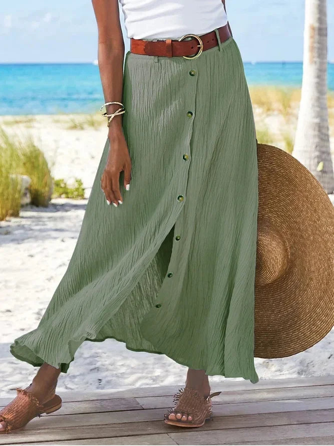 Size to 5XL Button Front Solid Color Split, A-line Mid-waist Long Skirt in White, Green, Navy, Black, and Salmon Colors