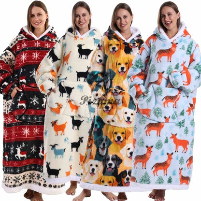 Super Long Flannel Pullover Night Shirt with Pocket and Hood, Super Snuggly for Men and Women, 12 Different Prints