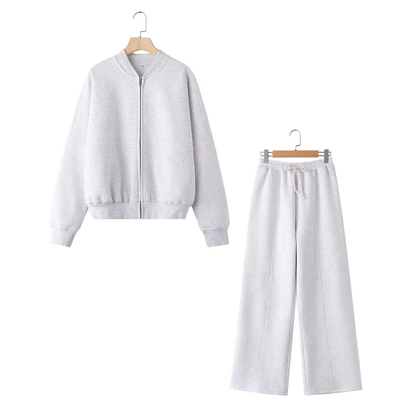 Warm 2 Piece Sweatsuits, Thick Fleece, Zipper Jacket, Batwing Sleeves, Clean Lines
