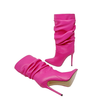 Women Beige Suede Slouch Pointed Toe Stiletto Ankle Boots in Multi-colors: Red, Hot Pink, Grey, Black, Green, Brown, and Purple
