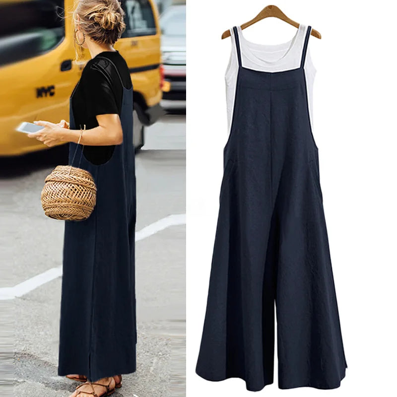 Spaghetti Strapped Jumpsuit to Sizes 5XL. Solid Color, Wide Leg Pants. Bibbed Overalls with Pockets. Casual, Loose, Cotton Linen