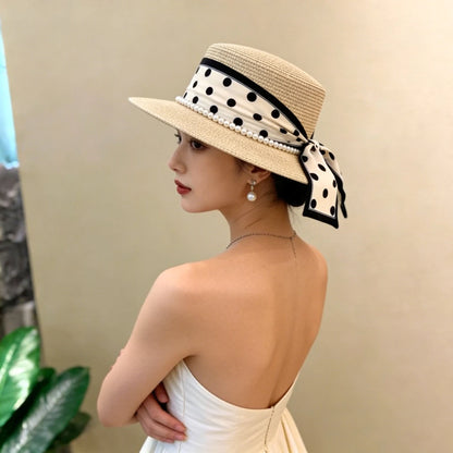 Straw Hat with Polka Dot Ribbon, Pearl, and  Wide Brim Sunshade