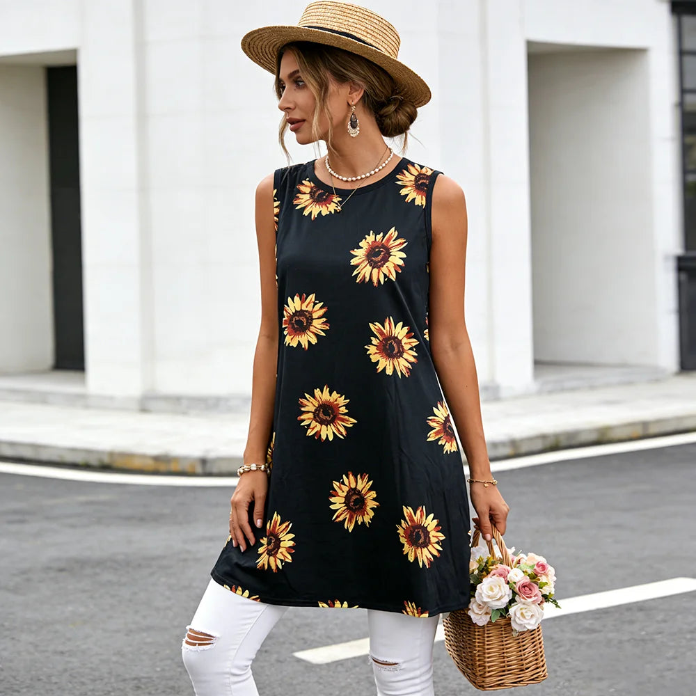 Boho Sunflower Print Loose Dress Fashion Casual Sleeveless Midi Dress