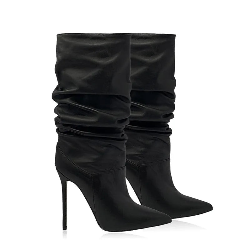 Women Beige Suede Slouch Pointed Toe Stiletto Ankle Boots in Multi-colors: Red, Hot Pink, Grey, Black, Green, Brown, and Purple