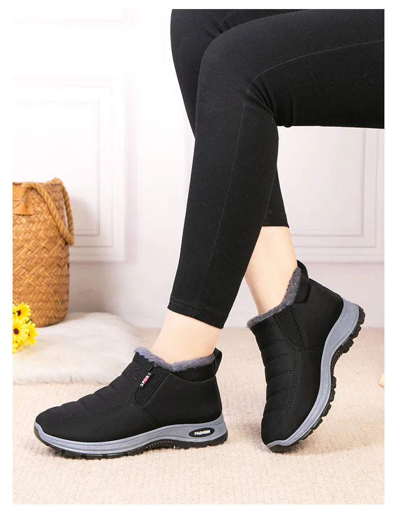 Waterproof Plush, Warm Ankle Snow Boots in Red, Black, Blue, Green, and Tan.