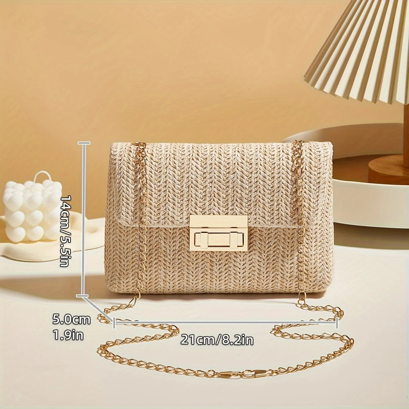 Handwoven Straw Shoulder Bag, Fashion Solid Color Crossbody Purse with Lock Closure