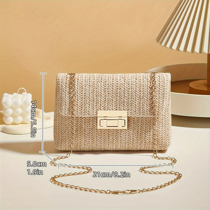 Handwoven Straw Shoulder Bag, Fashion Solid Color Crossbody Purse with Lock Closure