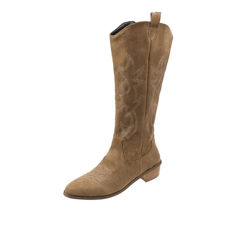 Embroidered Western Cowgirl Knee Boots with Pointed Toes and Thick Heels, High Knee Boots, PU Leather in Light and Medium Brown, Beige, and Pink