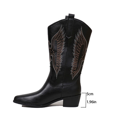 Vintage Country-Western Cowgirl Boots with Chunky Heels and Etched Wing Designs