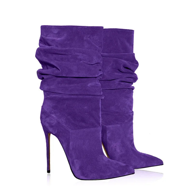 Women Beige Suede Slouch Pointed Toe Stiletto Ankle Boots in Multi-colors: Red, Hot Pink, Grey, Black, Green, Brown, and Purple