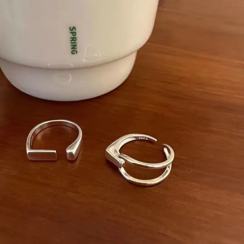 Sterling Silver Rings INS Fashion Vintage Hollow Lines  Adjustable  Jewelry