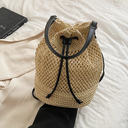 Braided Straw Bucket Bag, Drawstring Shoulder Crossbody Bag,