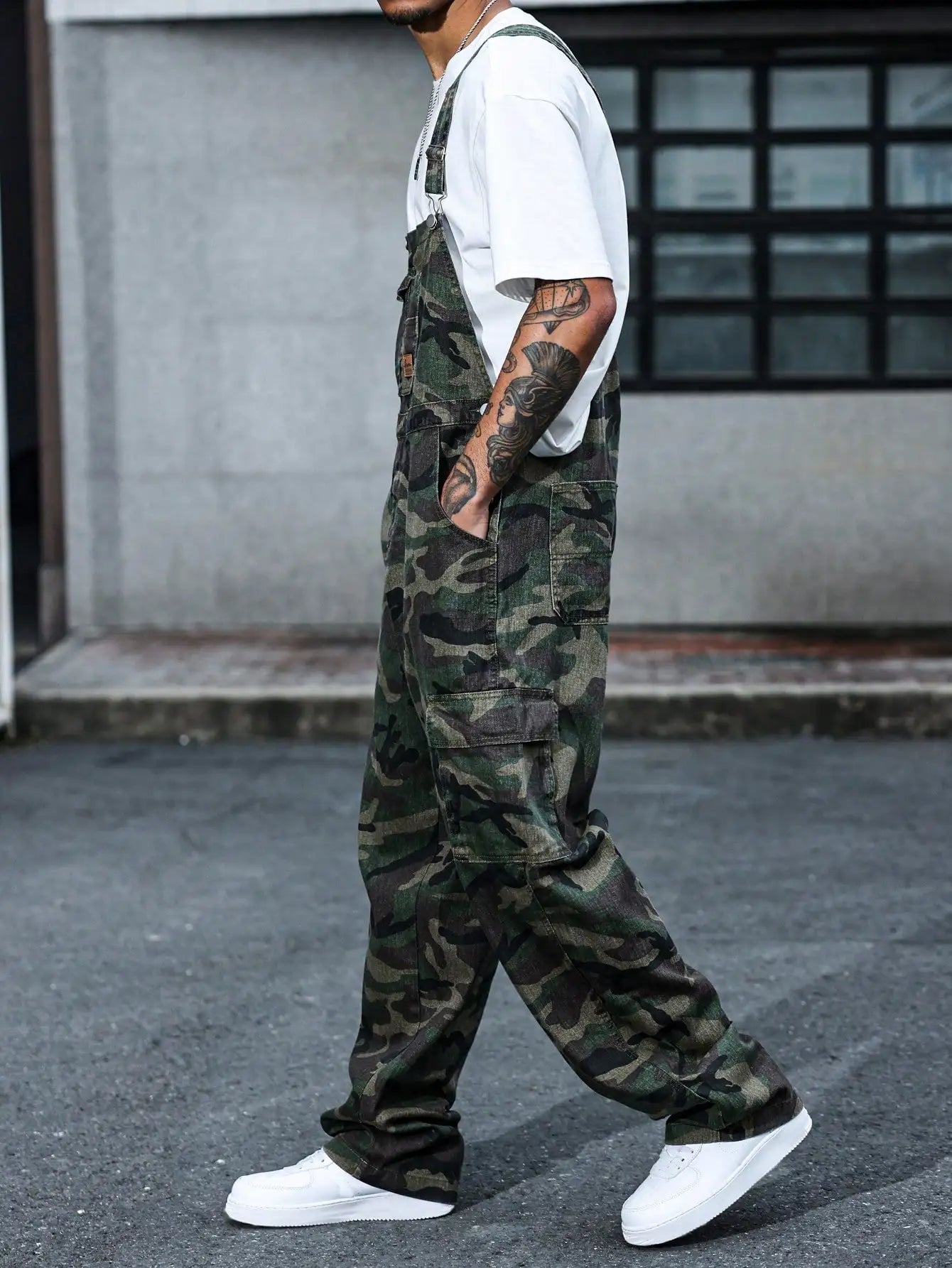 Denim Camo Overalls Adjustable straps Wide legs