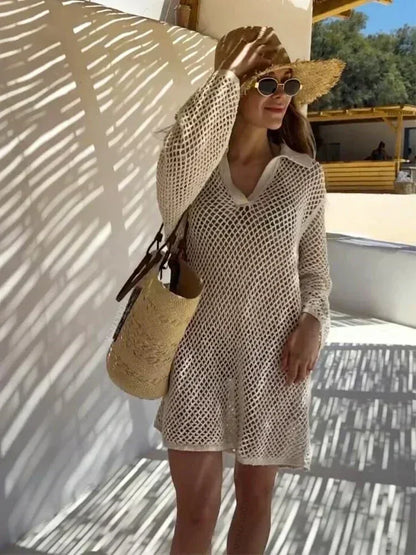 Solid Color Beach Knit Mini Dress, Long Sleeve Swimsuit Cover Up, Boho Holiday Loose Overwear