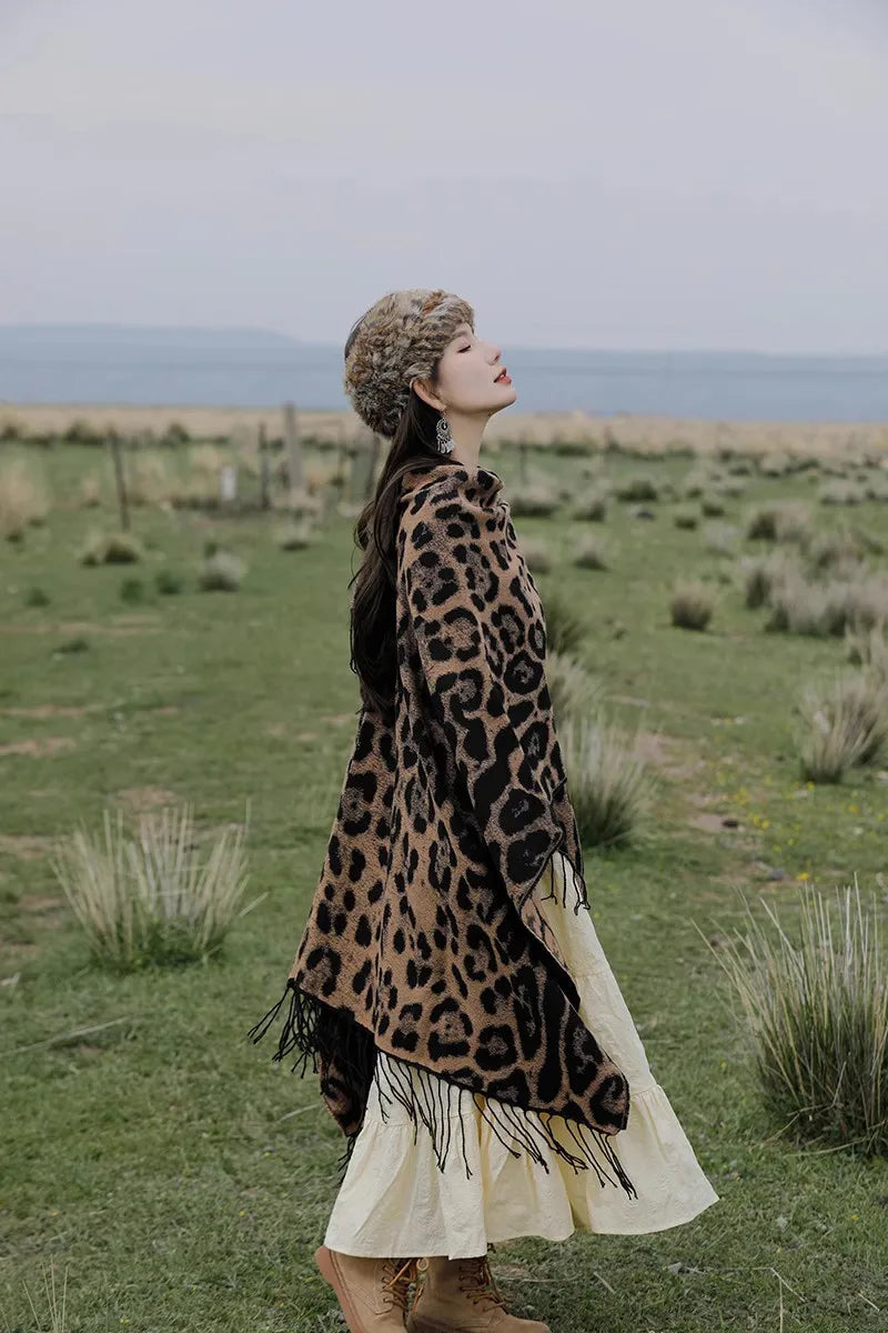 Vintage Boho Leopard Print Soft Over-the-Head Cloaks With Tassels