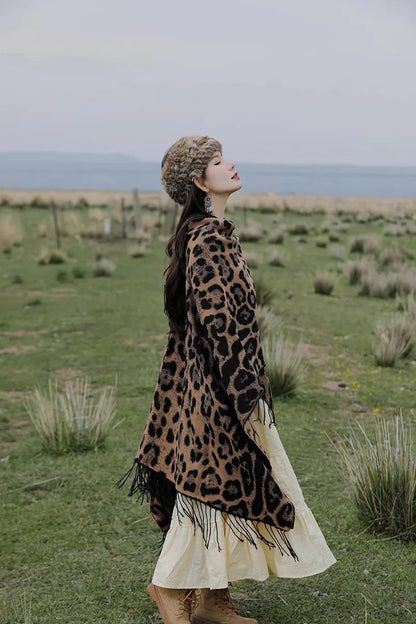Vintage Boho Leopard Print Soft Over-the-Head Cloaks With Tassels