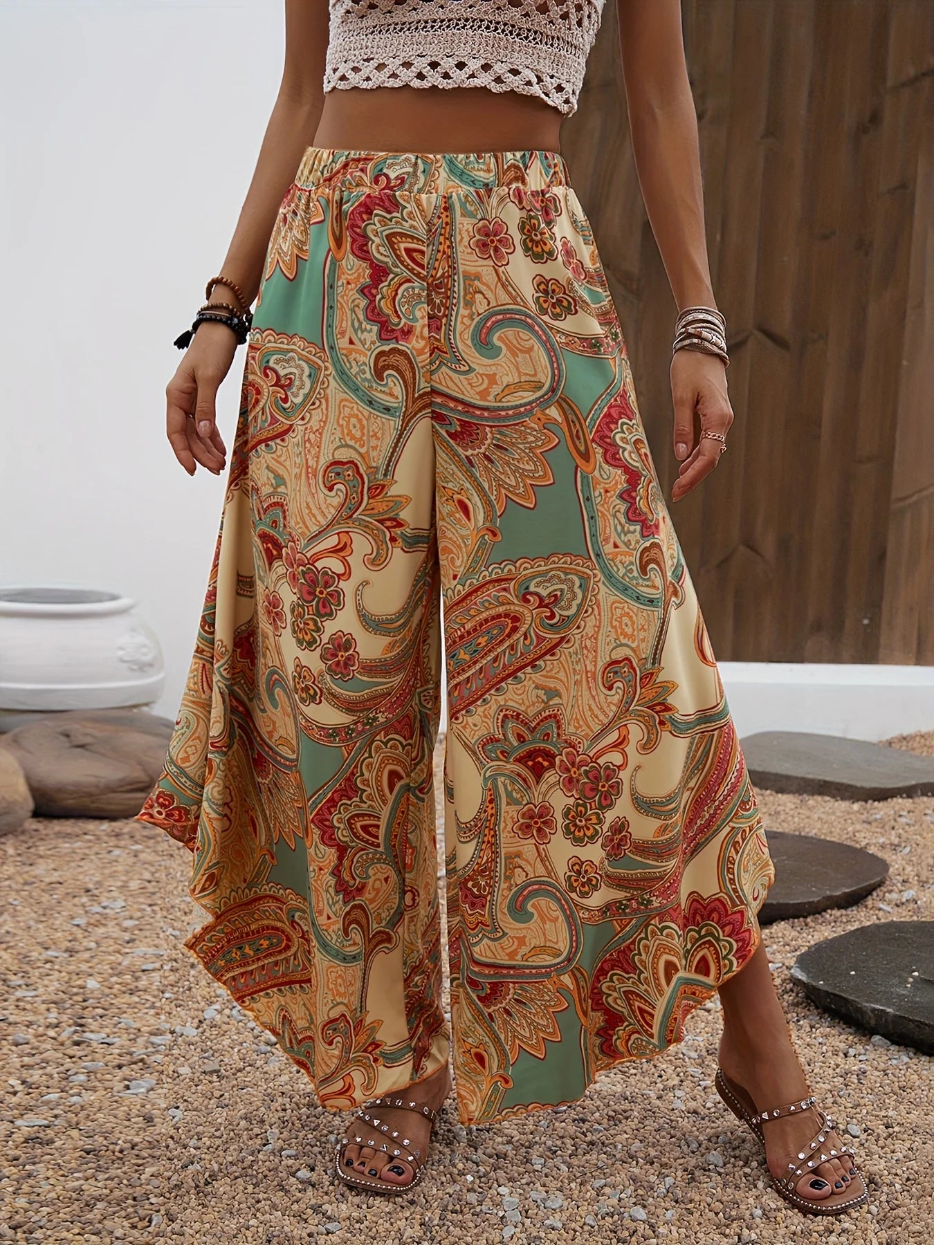 Size to 2XL Directional Hem Long Pants with Wide Legs