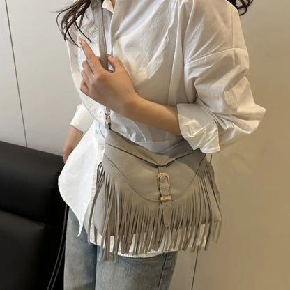 Bohemian Suede Leather Under-Arm Zipper, Tassels, Shoulder Bag, Solid Color PU Leather, Black, Grey, Coffee, and Light Brown